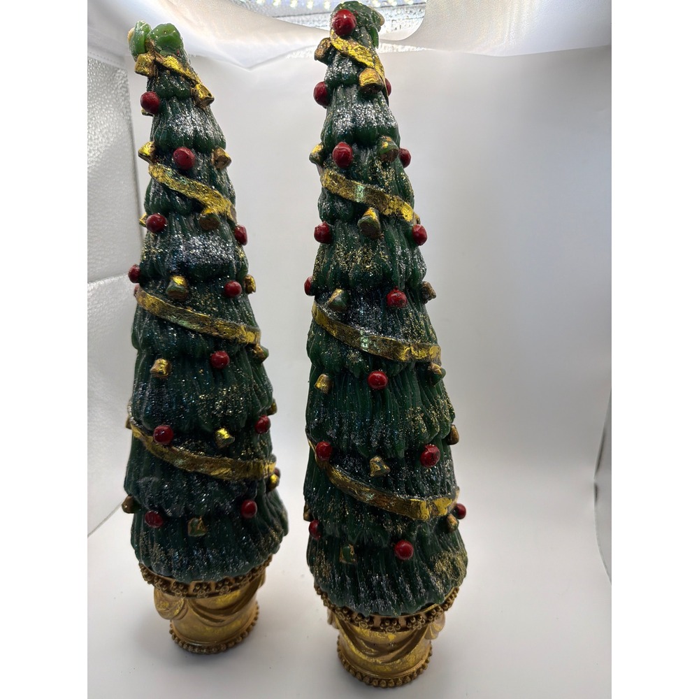 Department 56 Christmas Tree Pillar Candles Gold Base Glitter Set of 2 Green 12" - Picture 6 of 7